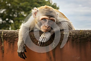 Simian Perch Monkey comfortably rests on a wall surface