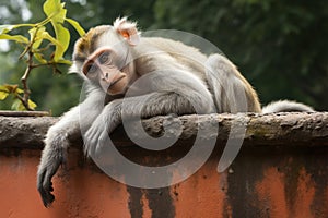 Simian Perch Monkey comfortably rests on a wall surface