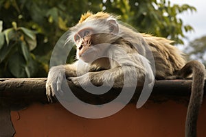 Simian Perch Monkey comfortably rests on a wall surface