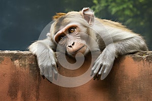 Simian Perch Monkey comfortably rests on a wall surface