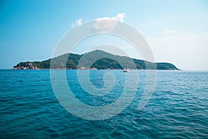 Similan Islands, Andaman Sea, Thailand, March 18, 2018: National park, beautiful blue sea. White boats with tourists