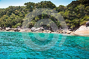 Similan Islands, Andaman Sea, Thailand, National park, beautiful blue sea. White boats with tourists