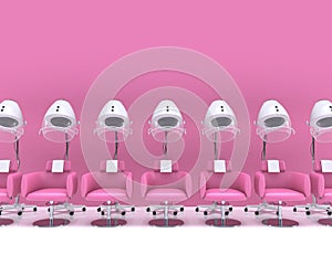 Similar stand hair dryers with armchairs in the interior of a beauty salon in pastel pink colors. Female hairdresser interior