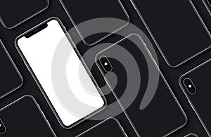 Similar to iPhone X set of smartphones mockup pattern front and back sides top view flat lay on black background