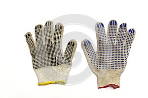 Similar working gloves, with colored dotted surface, isolated