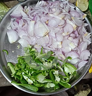 Simla chili and onions vegetables one of best vegetables in madhubani bihar india photo