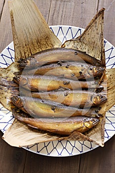 Simmered ayu ( sweetfish ) with japanese pepper, japanese fish dish