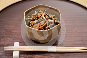 simmered hijiki seaweed, Japanese cuisine photo