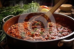 simmering bolognese sauce with a wooden spoon stirring