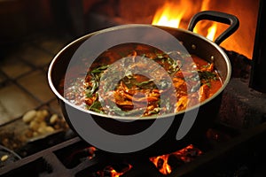 simmering the masala sauce in a traditional kadai