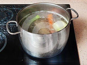 Simmering meat stock in stockpot on ceramic cooker