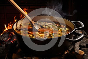 simmering soup with wooden spoon stirring