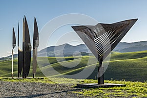 Simon Benetton`s modern sculptures exhibited in the countryside of Lajatico, Pisa, Italy