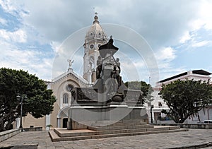 The simon bolivar monument and san francisco de asis church in casco viejo panama city