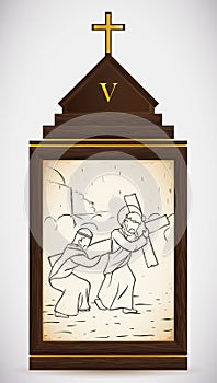 Simon of Cyrene Helps Jesus Carry the Cross, Vector Illustration