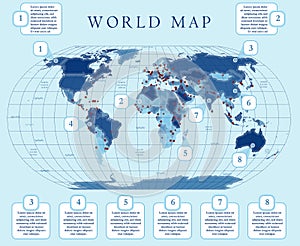 Simpe small scale political world map with major capitals. Flat design with grid, label and legend on the map