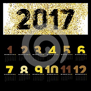 Simple 2017 Calendar with gold color, brush lines, 2017 calenda