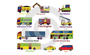 Simple 2d vehicles coloring books set, transportations or heavy equipment