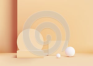 A simple 3D podium with a circle, square, and sphere, all on a beige background