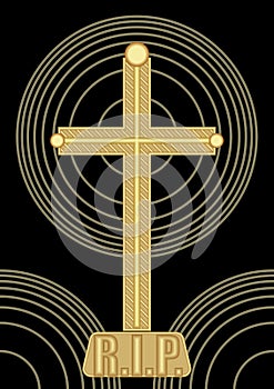 Simple abstract burial decoration with golden crucifix and concentric circle shapes on black background