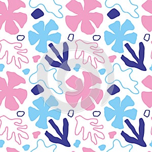 Simple abstract cut flowers, lines and shapes. Hand drawn seamless vector pattern. Modern illustration in doodle style