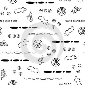 Simple abstract elements black and white shapeless forms, lines, spiral seamless pattern