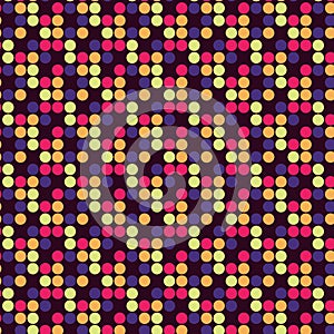 Simple abstract geometric fabric seamless pattern of bright red blue yellow orange circles on a black background