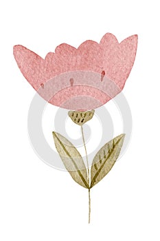 Simple abstract hand drawn red flower. Spring botanical flat watercolor illustration in pinks reds greens