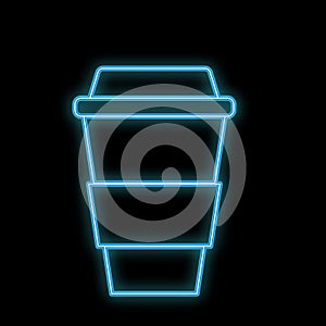 A simple abstract neon bright glowing blue icon flashing out of hot delicious coffee in a thermocup, paper cup for carrying out