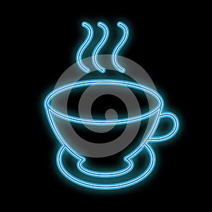 A simple abstract neon bright glowing flashing blue icon, a signboard from a hot delicious tea mug and an inscription tea time