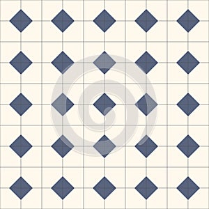 Simple abstract ornament of a floor tile. Blue rhombuses and white squares seamless pattern