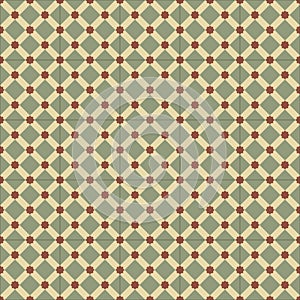 Simple abstract ornament of a floor tile. Green brown diagonal lines stripes with stars seamless pattern