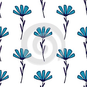 Simple abstract seamless pattern with blue bright daisy flowers. White background