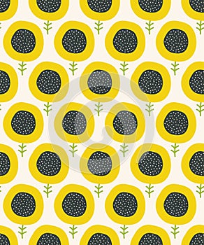 Simple abstract sunflower pattern. Doodle seamless background. Cute wallpaper.