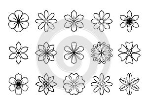 Simple abstract vector flowers icons set. Universal flowers black outline