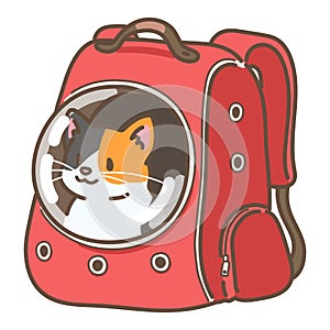 Simple and adorable illustration of calico cat in a backpack carrier
