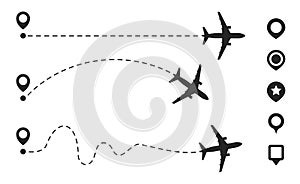 Simple airplane travel line path with map pins. Airplane dashed route path