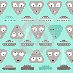 Simple aliens and UFO in vintage style, vector seamless pattern