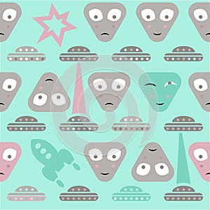 Simple aliens and UFO in vintage style, vector seamless pattern