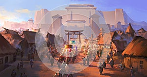 The simple ancient people greeted the foreign envoys, digital painting photo