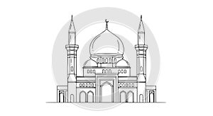 Clean black and white line art illustration of a symmetrical mosque featuring a central dome and two tall minarets with crescent