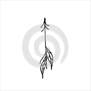 Simple arrow decorated with feathers for bow isolated on white background. Hand drawn vector illustration