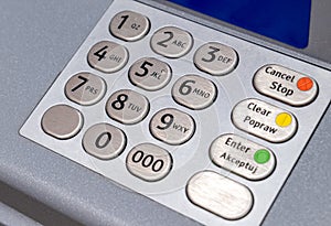 Simple ATM keypad, pin pad, keyboard number buttons cash machine detail closeup, nobody. Business, economy, banking and finance