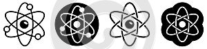 Simple atom sign - three interlocked ellipses representing orbits with smaller ball in centre, black and white version