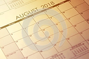 Simple August 2018 calendar. Week starts from Sunday. Toned image.
