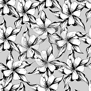 Simple background of contour elements. Drawn black and white floral ornament. Vintage texture for decoration of fabric, tile and photo