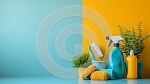 Simple backgrounds accented with cleaning tools, conveying simplicity and orderliness