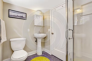 Simple bathroom interior with purple floor and light beige walls