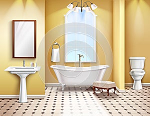 Simple bathroom interior realistic composition with bath toilet and bidet 3d elements illustration