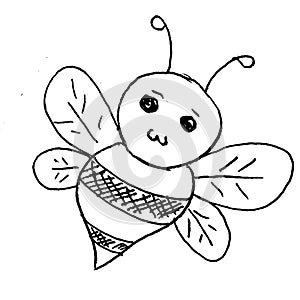 Simple bee vector doodle, black and white cartoon cute bee sketch